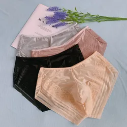 Mens Briefs Satin Jacquard Silky Panties  Low Waist Pouch Underwear Seamless See Through Lingerie Crossdressing Sissy Brief