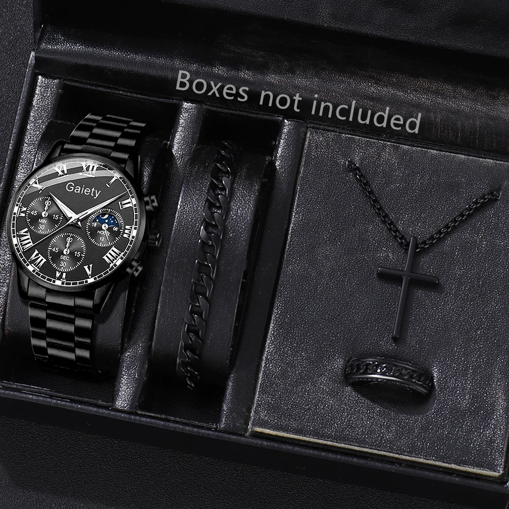 

4 шт. мужские часы, модные модные деловые кварцевые часы, браслет, ожерелье, комплект колец, подходит для повседневной одежды