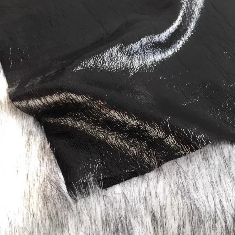 نسيج أسود نقي بو الجلود معطف جلد لامع مصمم النسيج القماش بالجملة بالمتر للخياطة Diy بها بنفسك المواد #4