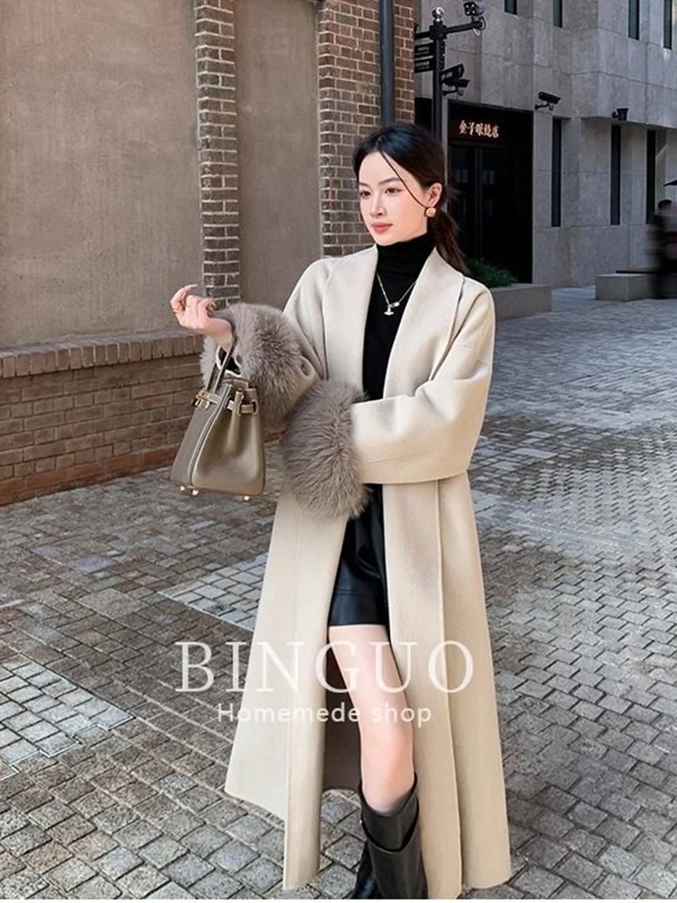 2025 Spring Warm Fur Long Coat With Belt Women Elegant Wool Blend Trench Coat Winter Clothes Fashion Outerwear Trench Coat