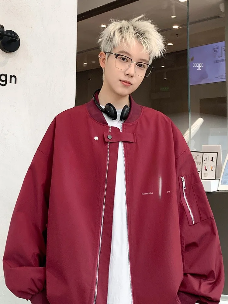 

Loose Vintage American Sle Baseball Jaet Wine Red Men's Spring Autumn Faion Brand Pilot Coat Youth Long Sve
