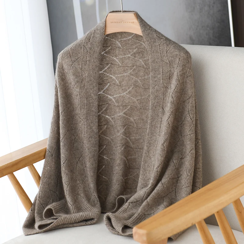 Spring And Summer New 100% Cashmere Shawl Cardigan For Women Hollow-Out Cape Air Conditioning Cover-Up Knitted Outerwear view 3