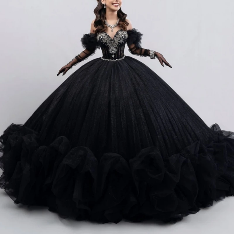 

Черные блестящие платья Quinceanera с открытыми плечами и бисером, многоуровневое тюлевое платье с кристаллами для вечеринки, дня рождения, милое платье 16, Vestidos 15 Anos