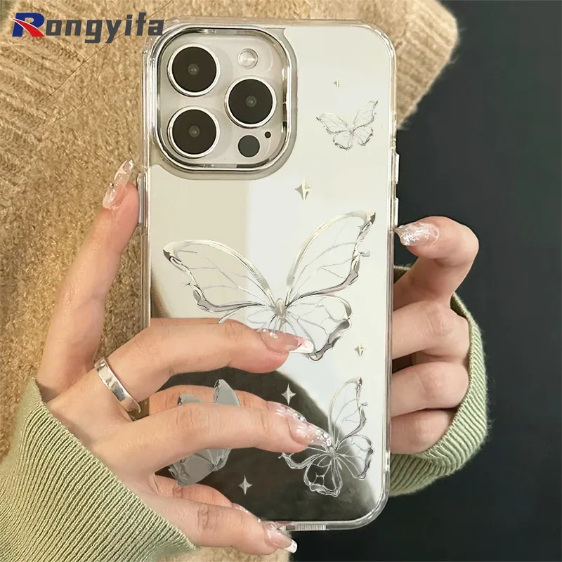 Etui na telefon iPhone 15 14 Plus 13 12 11 Pro Max XS Max XR X 8 7 Plus SE Metal Butterfly Mirror Electroplated Soft Cover