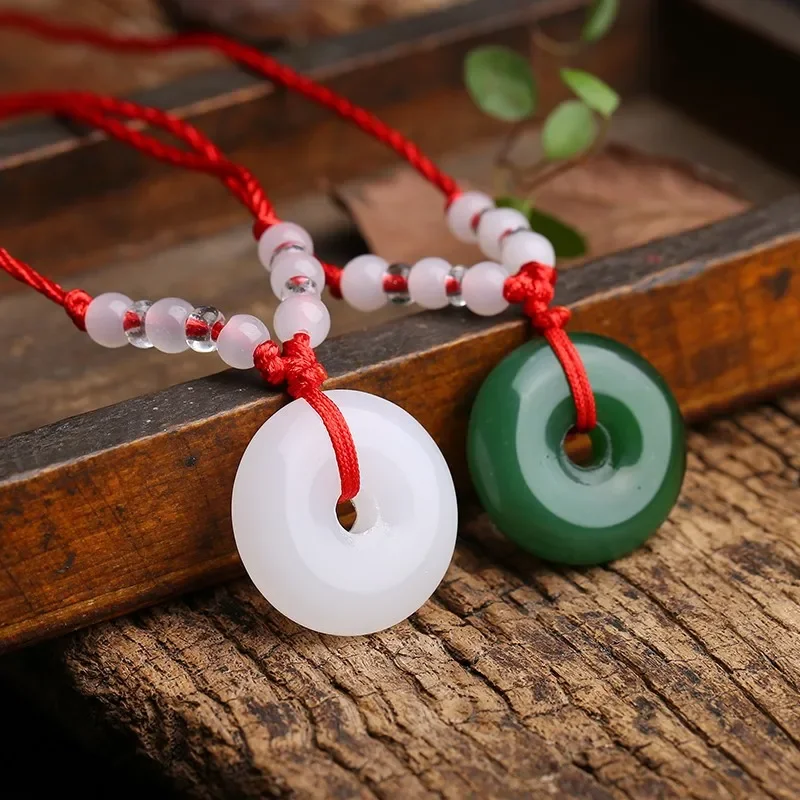 Natural Chinese Agate White Green Safety Buckle Jade Pendant Necklace Fashion Charm Hand Carving Jewelry Blessing Amulet Gifts