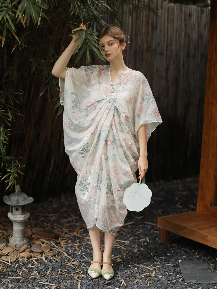 Summer Dress For Women Elegant Sexy V-Neck Luxury Embroidery Oversized Kimono Dress Japanese Style Yukata Dress