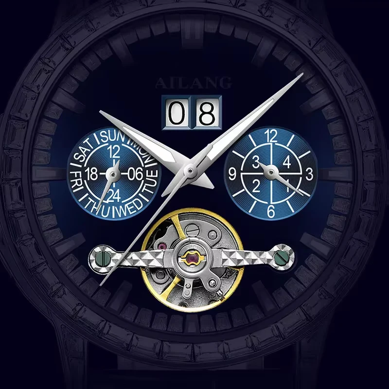 AILANG Top Luxury Men Watch Automatic Date Week Man Wristwatch Hollow Tourbillon Mechanical Leather Strap Men's Watches Male