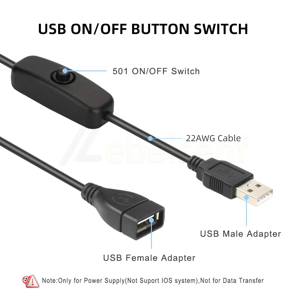 Cable USB macho a hembra con interruptor de encendido/apagado, perilla de botón blanco y negro, controlador de atenuación en línea táctil para
