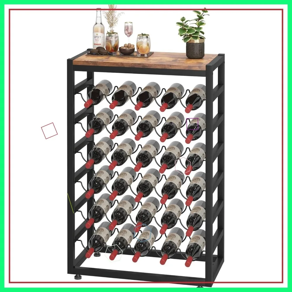 6-Tier Wine Rack with Wooden Table Top, Holds 30 Bottles, Freestanding Floor Storage for Kitchen Bar Pantry