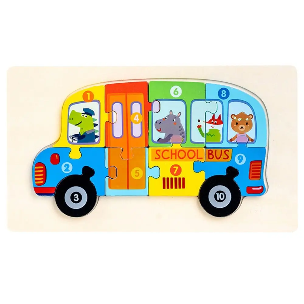 School Bus Rectangle Police 3D Ambulance Kids Wooden Puzzle Toy Vehicle Jigsaw Early Education Toy Intelligence Game Puzzle