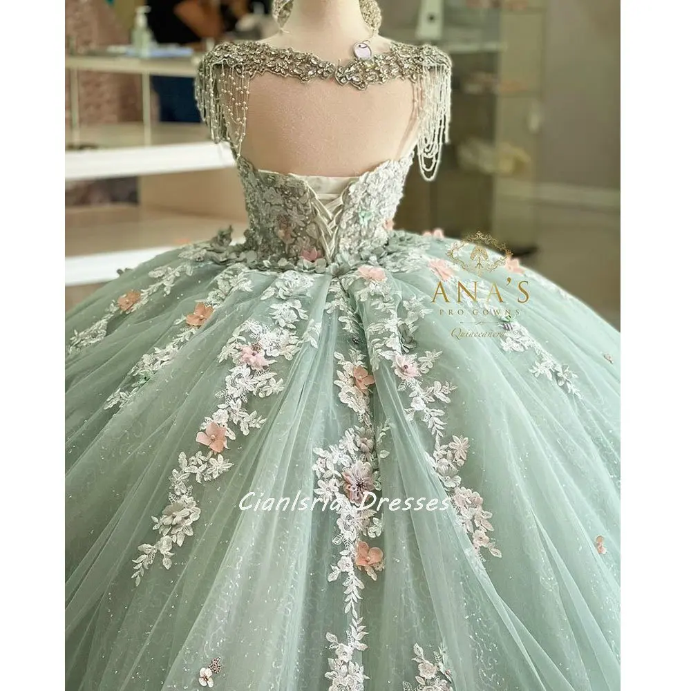 Mint Green Beading Tassel Quinceanera Dress Ball Gown Off The Shoulder 3D Flowers Appliques Corset Sweet 15 Vestidos De XV Años