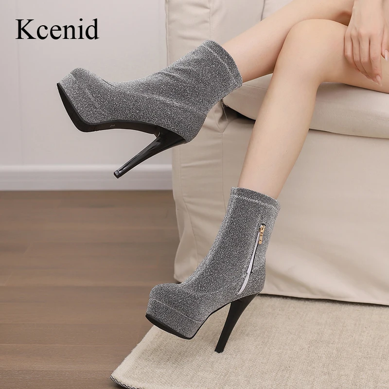 

Kcenid 2024 Spring/Autumn High Heel Ankle Boots For Women Concise Slip-On Stretch Fabric Round Toe Platform Boots Ladies Shoes