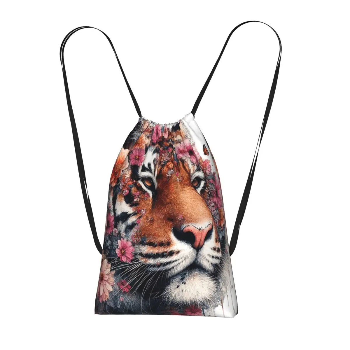Rucksäcke mit Tiger- und Blumenkranz-Motiv, lässige Kordelzugtaschen, Sporttasche, Büchertaschen für Männer, Frauen, Studenten