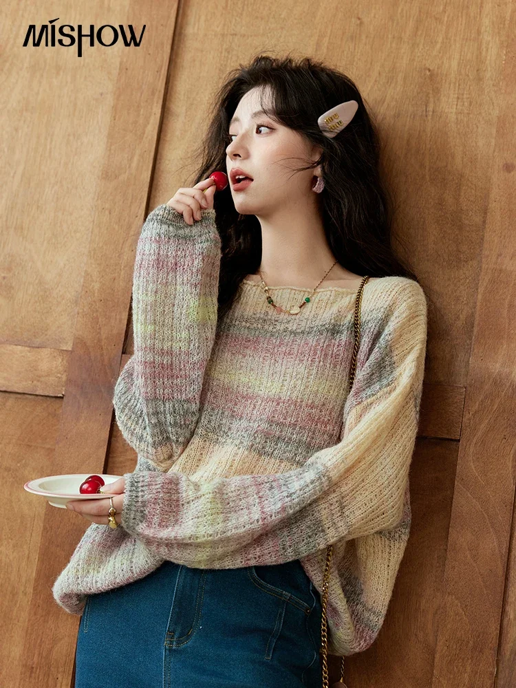 MISHOW Gradient Color Hollow Soft Pullover Sweaters Women 2024 Autumn Loose Long Sleeve Boat Collar Knitted Sweater MXD44Z0836