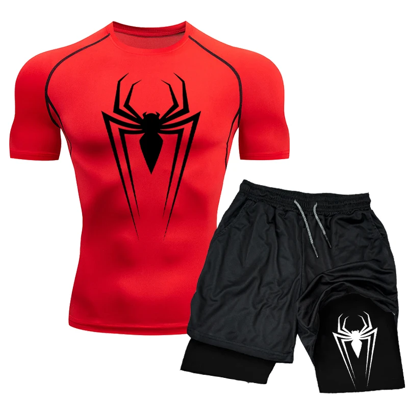 Conjunto de compresión para hombre, Top deportivo de boxeo de manga corta para gimnasio + pantalones cortos de entrenamiento, traje de Rashguard