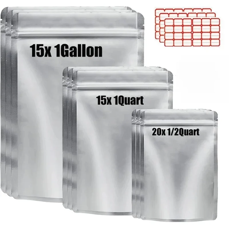 50 Pcs Mylar Bags for Food Storage Zipper Lock Stand-Up Ziplock Resealable bags for Grains Beans Dry Food and Household Storages