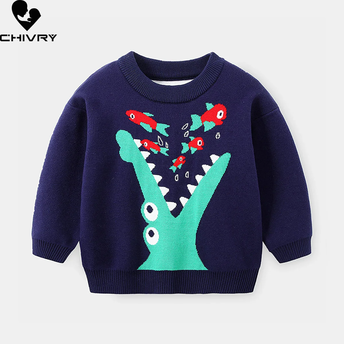Kids Boys Casual Cute Cartoon Dinosaur Jacquard Knitted Pullover Sweater Toddler Baby Knitwear Children's Autumn Winter Sweaters
