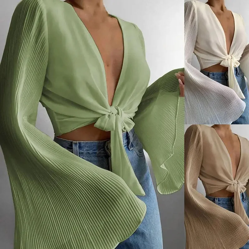 The new 2024 elegant light breeze pure color pressed pleated Cardigan Super Long Bell sleeve slim tie short chiffon sweater