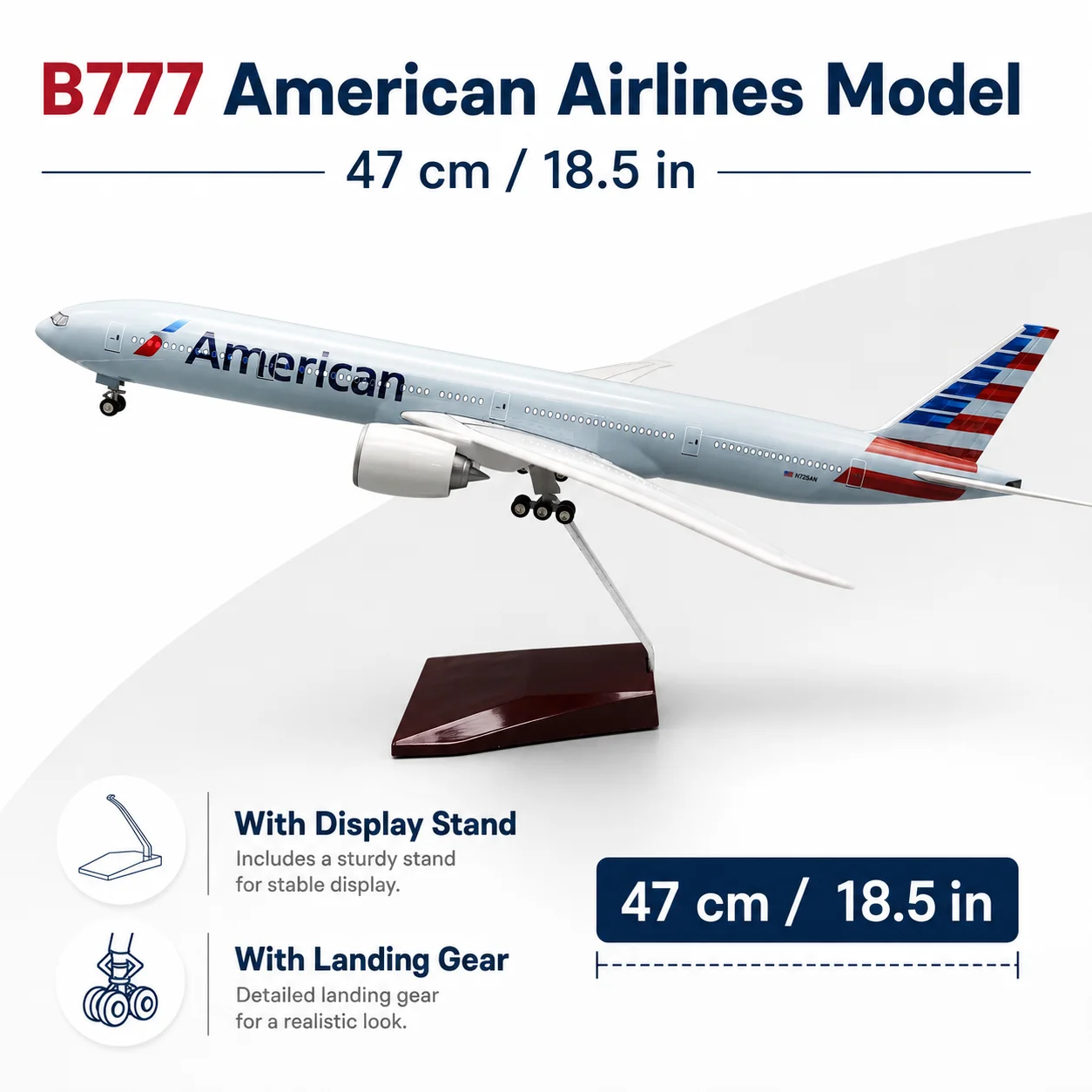 47cm Die-Cast Resin Airplane Model B777 United States Airlines 18.5 inches with Stand and Landing Gear—Adult Collector's Gift