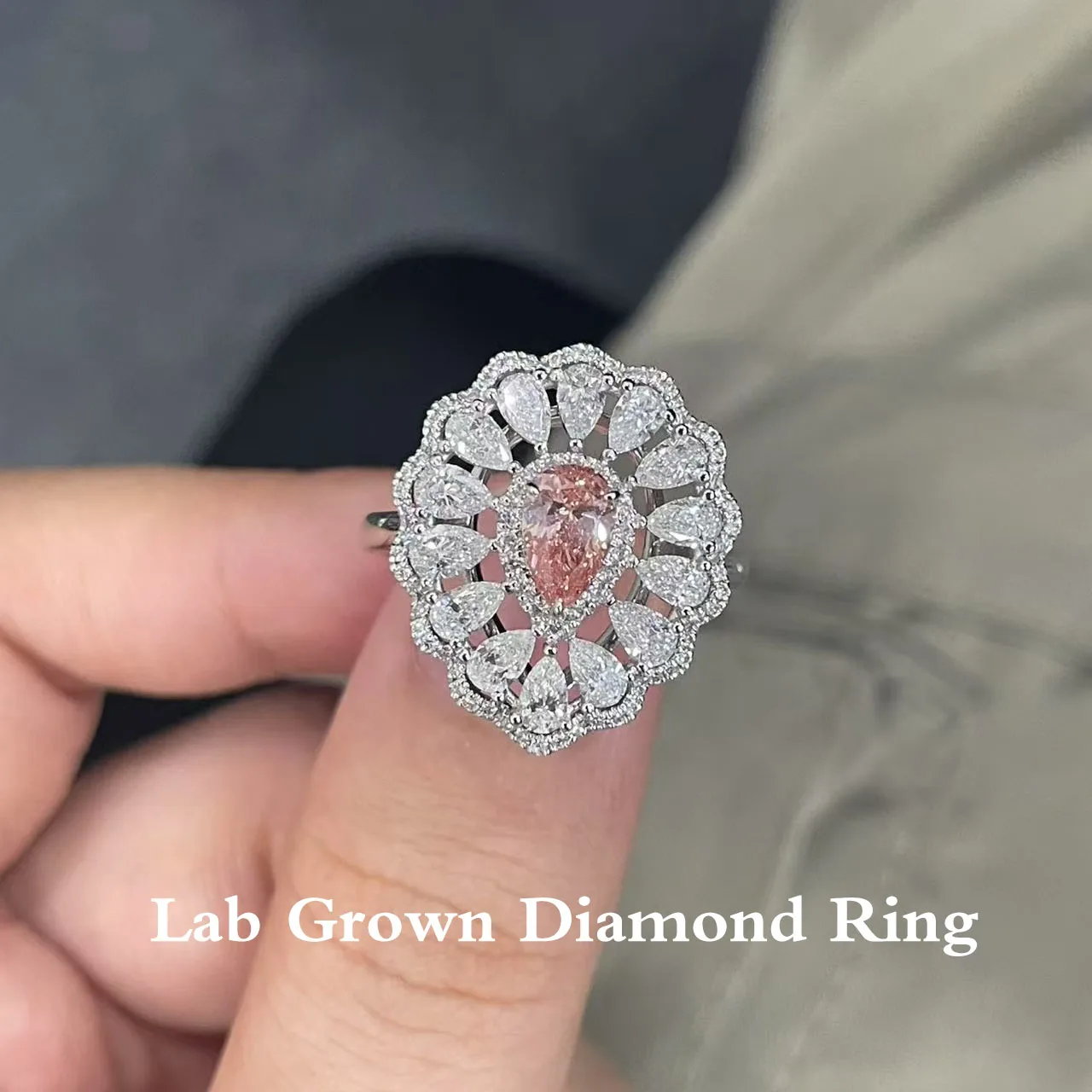 

0.55Ct Pear Cut Fancy Pink Lab Grown Diamond Engagement Halo Ring 14K Gold