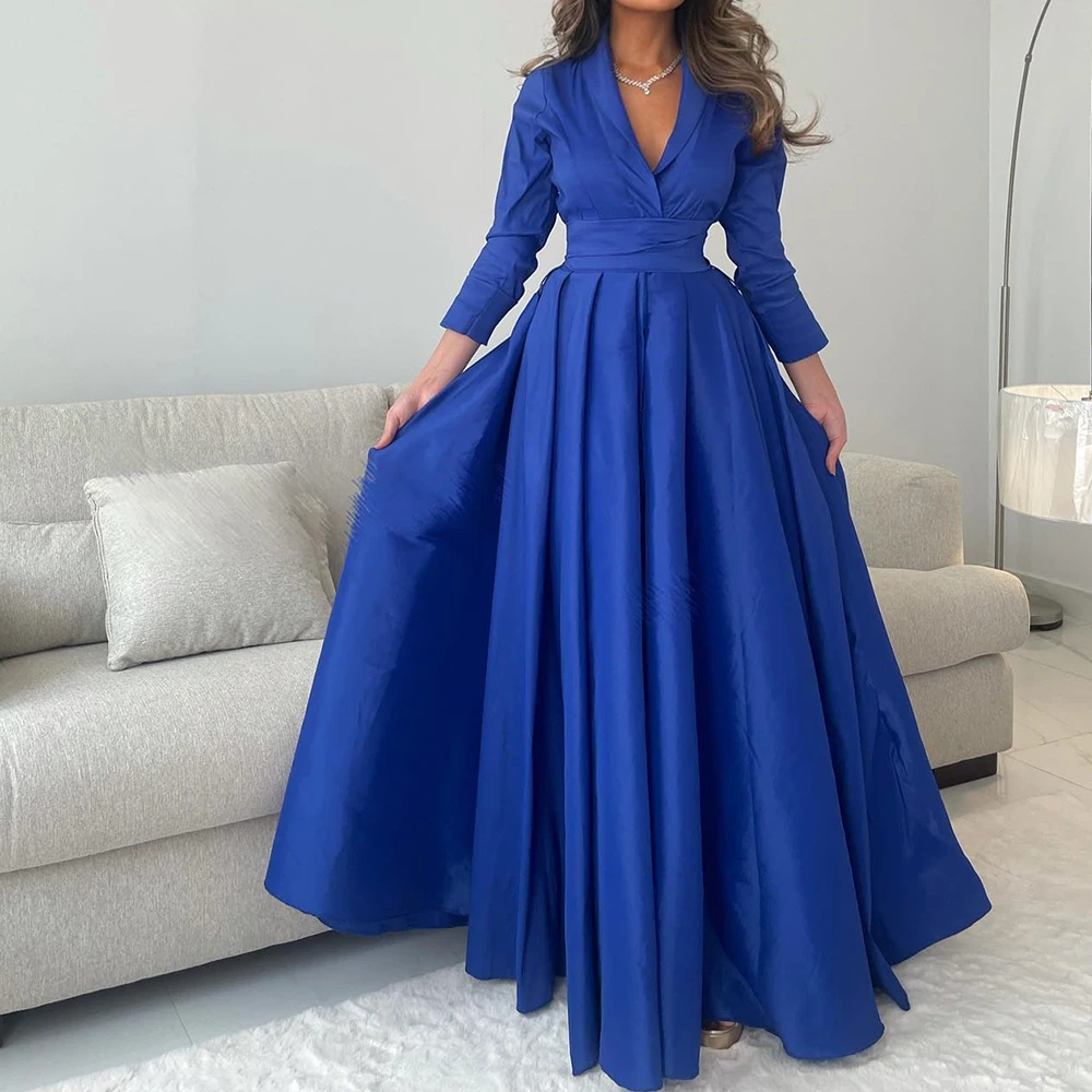 

Elegant Party Dresses Woman V-Neck Side Silt 4/3 Sleeve Solid Color Satin Sashes Floor Length A-Line Classic Celebrity Dress