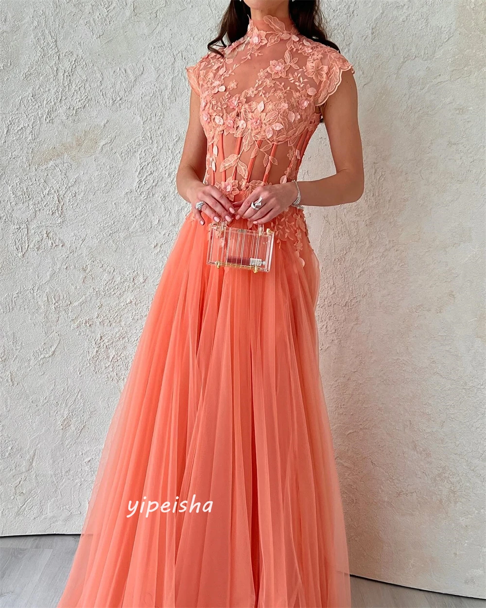 Berkilau indah kualitas tinggi Tulle Applique terbungkus Clubbing A-line kerah tinggi Bespoke gaun acara gaun panjang