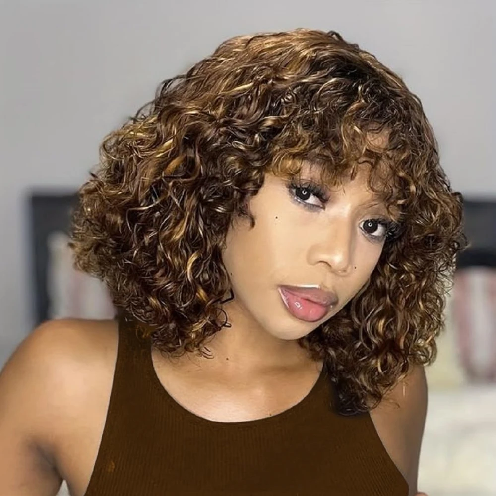 

200 Плотность Джерри Кудрявые Короткие Боб Парики Человеческих Волос С Челкой Бесклеевой Парик Выделите Цветные Парики Человеческих Волос Для Женщин