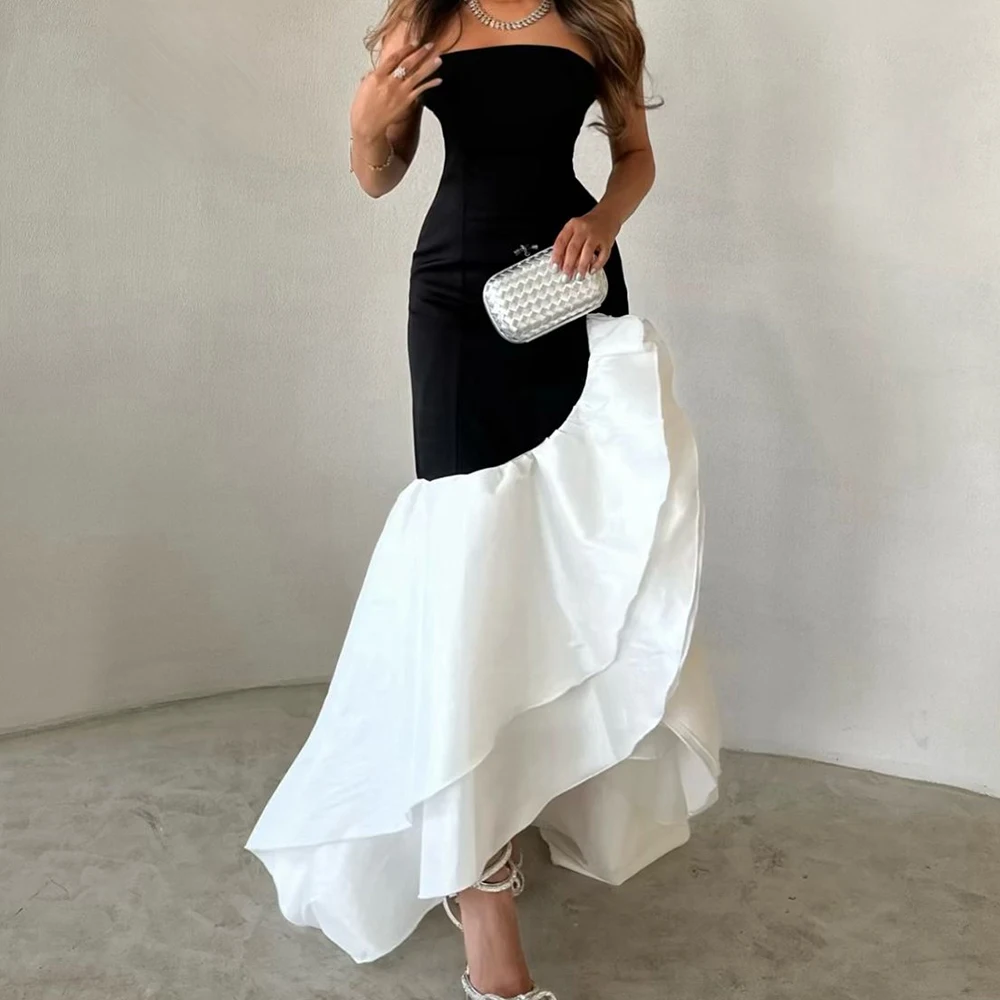 Customized Temperament Contrast Color Satin Evening Dress Delicate Straight Floor Length Strapless Sleeveless Homecoming Dress