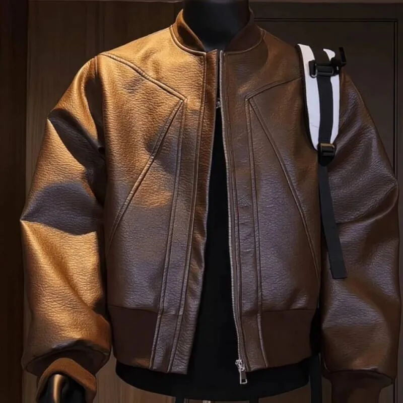 

American Trend Retro Crack Versatile Casual Jackets Stand Collar Bomber 2025 Men's Fashion Commuter Leather Coat