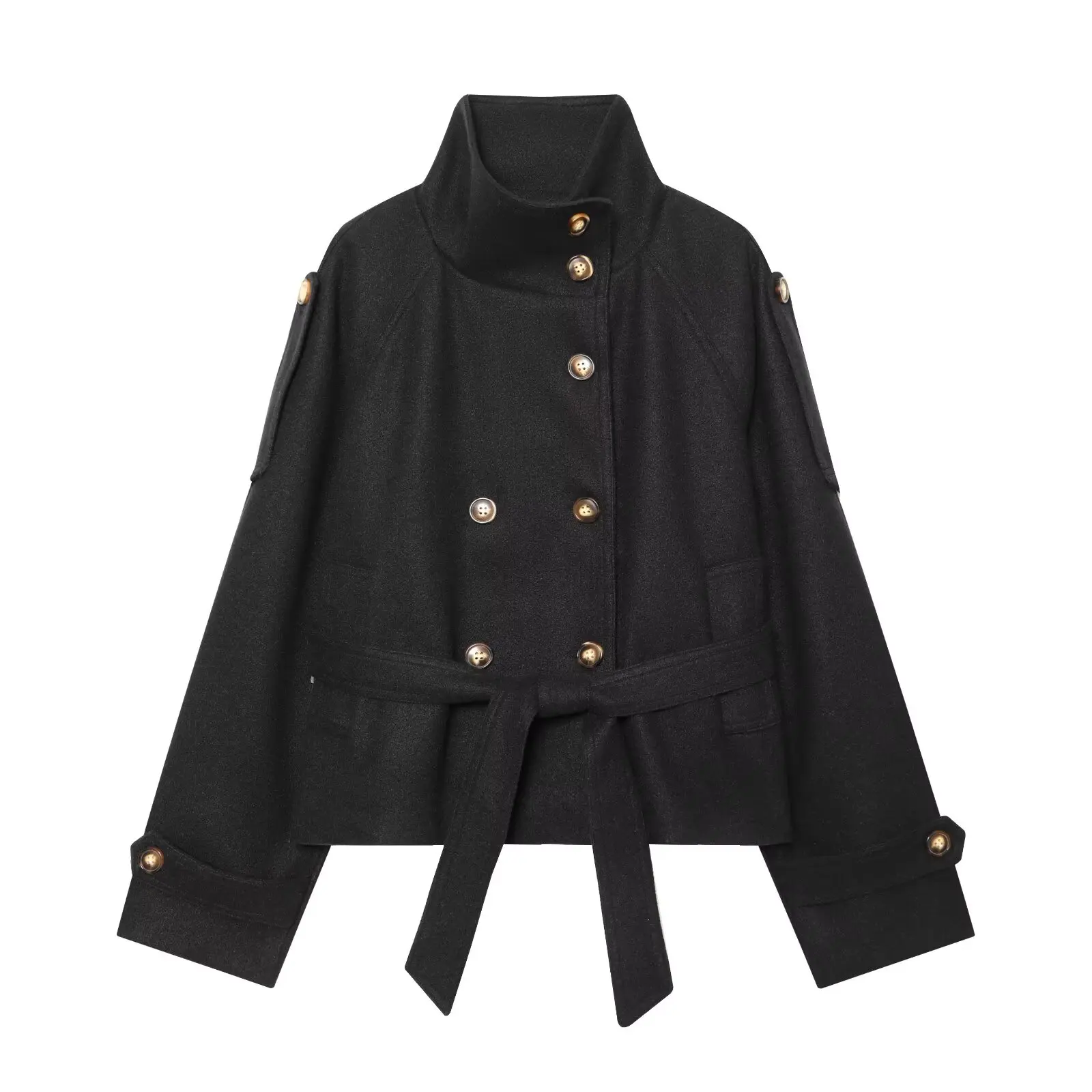 NINE ZAR Women's Woolen Jacket Coat Stand Collar Double Row Buttons Belted Fashion Warm Polyester Short Length Long Sleeve