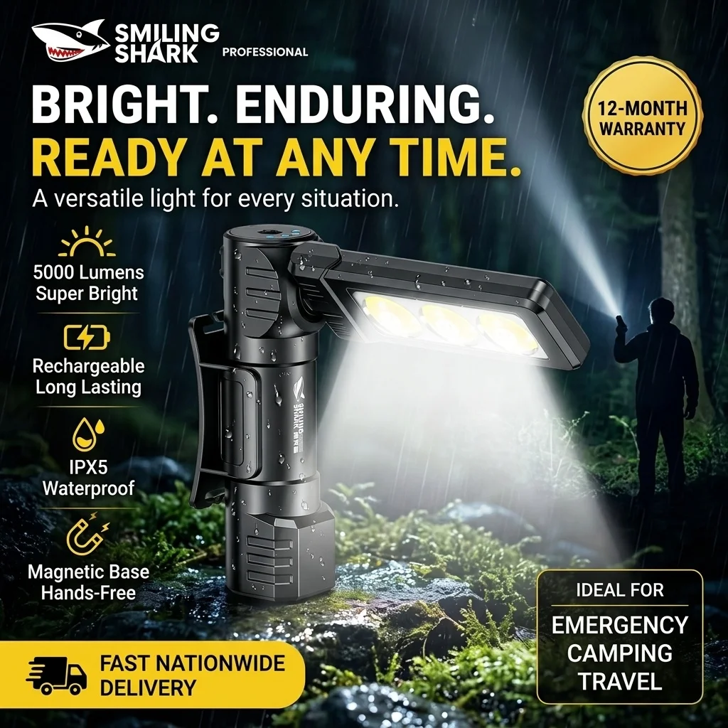 Smiling Shark COB Flashlight Super Bright Magnetic Work Light 180° Flip Foldable Headlight 4Modes Type-C Rechargeable GZ5108