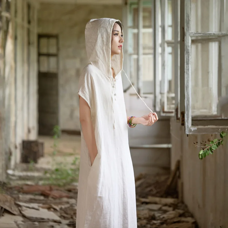 

Ramie Sand-Washed Hooded Maxi Dress, Zen-Inspired Designer Wear