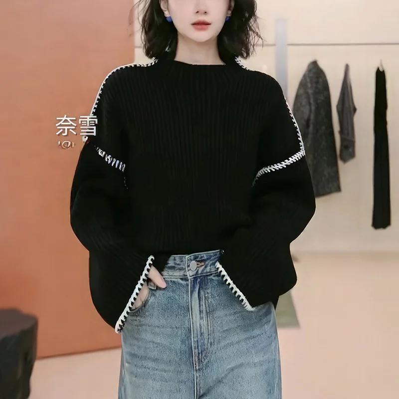 

Autumn Winter Casual Loose Women's Knitwear f High Collar Splicing Design Comfortable Fit Sweater Commute Sle Korean Fas...