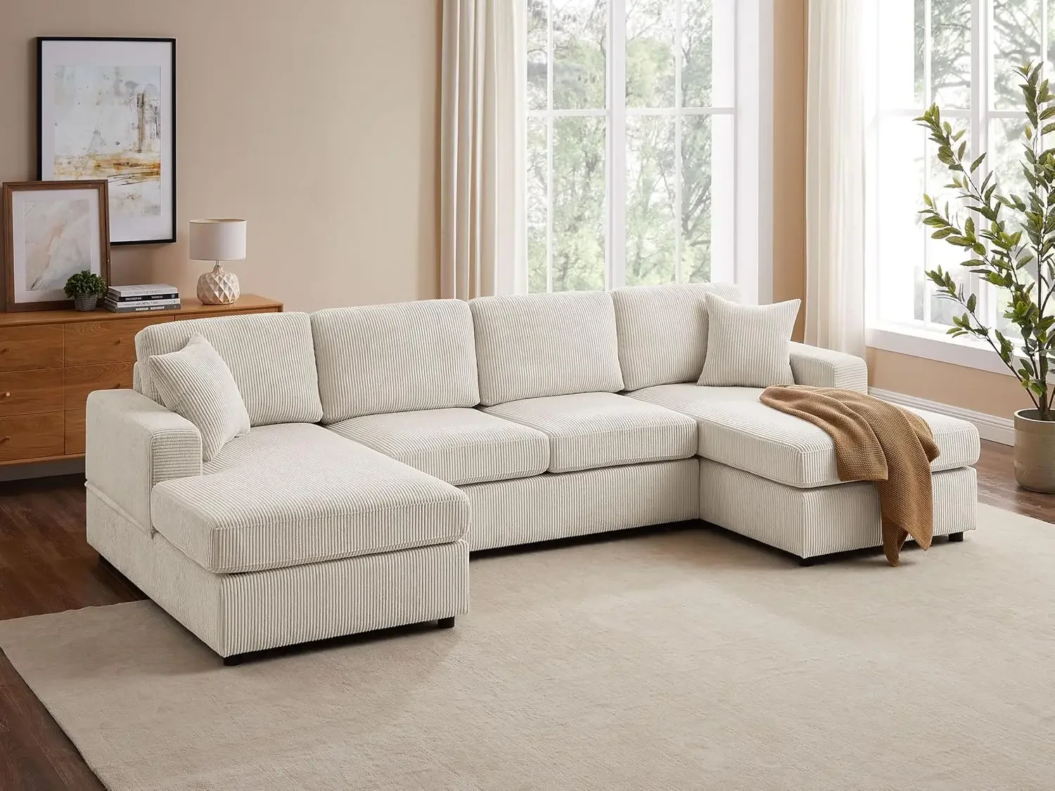 118'' U Shaped Sectional |Sofa Couch, Corduroy Fabric Modern Cozy| Jumbo Size 4-Seater Sofa, Double Chaise Longue, Beige