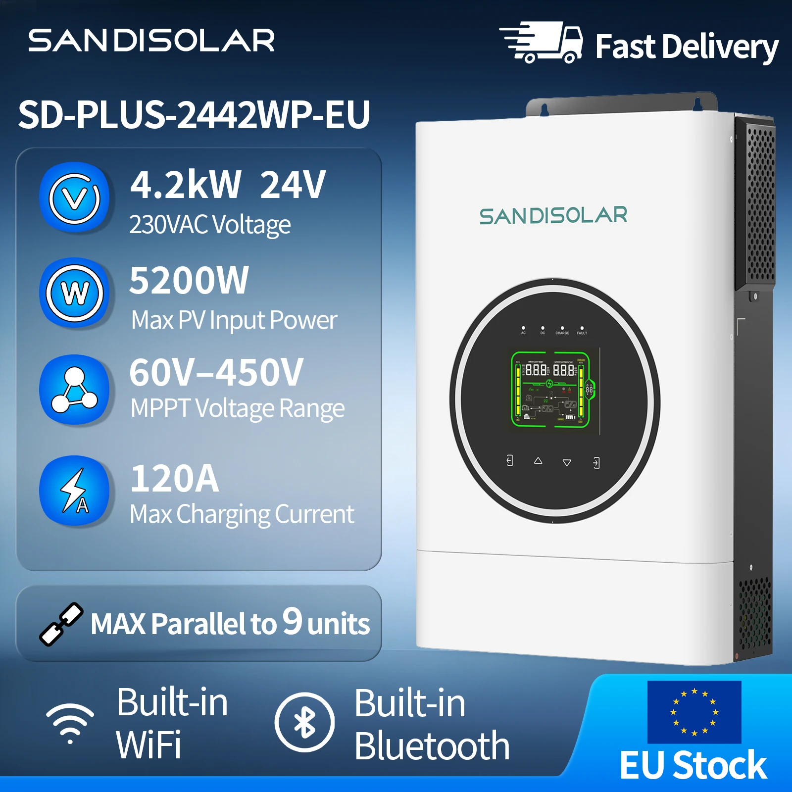 Image of SANDISOLAR 4,2KW 24V Solar-Hybrid-Wechselrichter Parallel 9 Einheiten Max. PV-Eingangsleistung 5200W Eingebautes WLAN AI-App für Energiesysteme