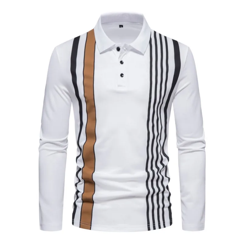 Autumn New Solid Stripe Design Polo Polo Polo Collar Men\'s Long Sleeve Shirt