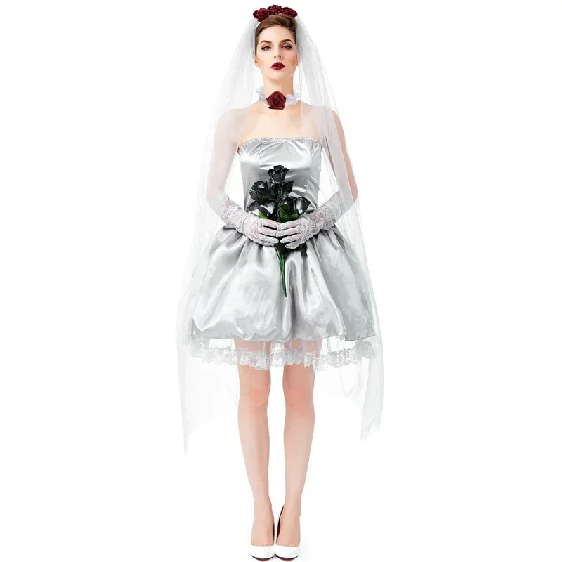 Zhomecos Silver Gray Corpse Bride Cosplay Costume Angel Dress Halloween Party Carnival Woman Costume Fancy Dress