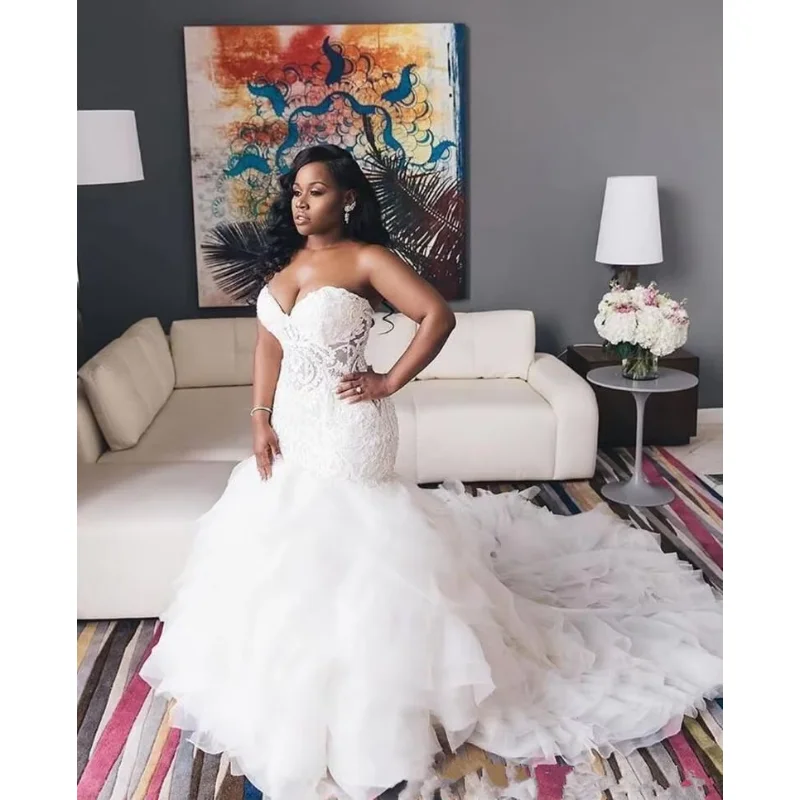 Vestidos de casamento de sereia trompete personalizados querida corpete de renda até vestido de noiva plus size