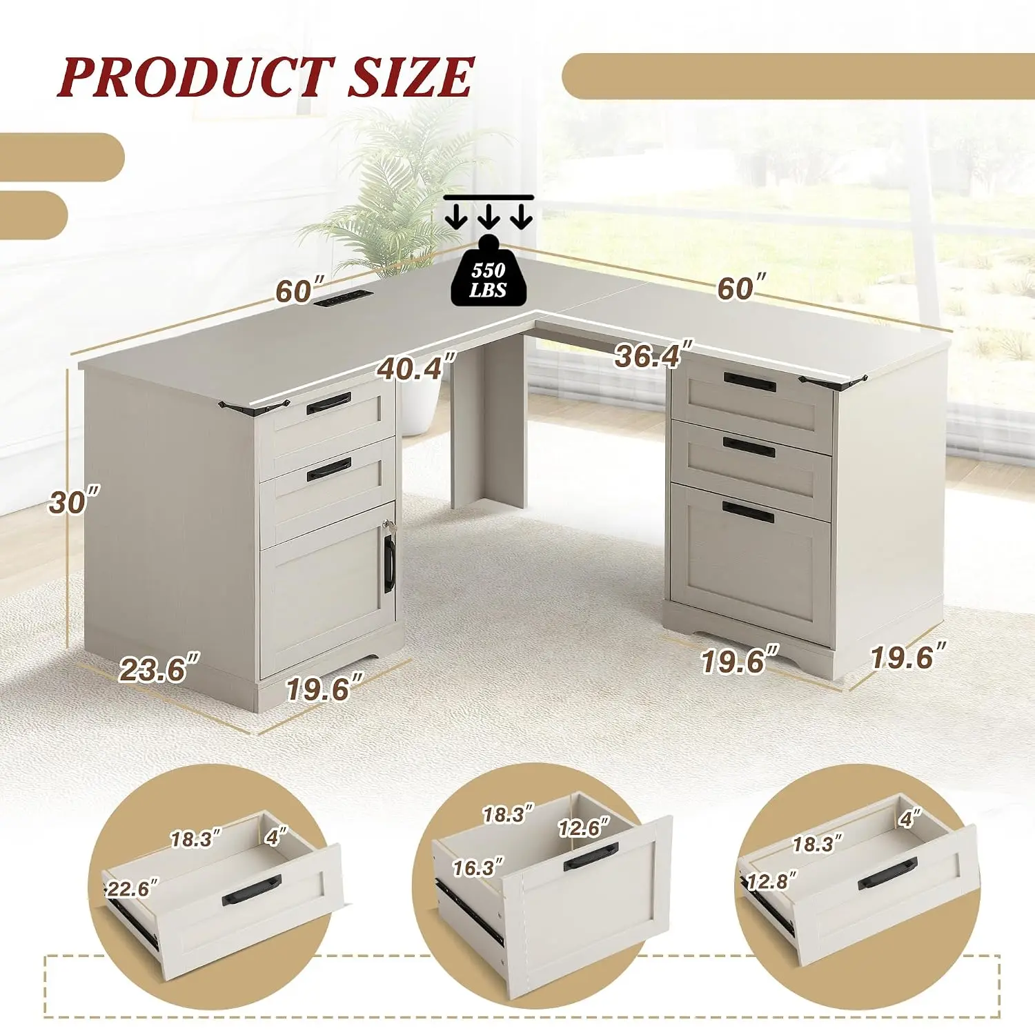 L Shaped Executive Desk With Drawers, USB Charging Station, 2 Person Home Office Desk With Storage & Lock Cabinet, Customized