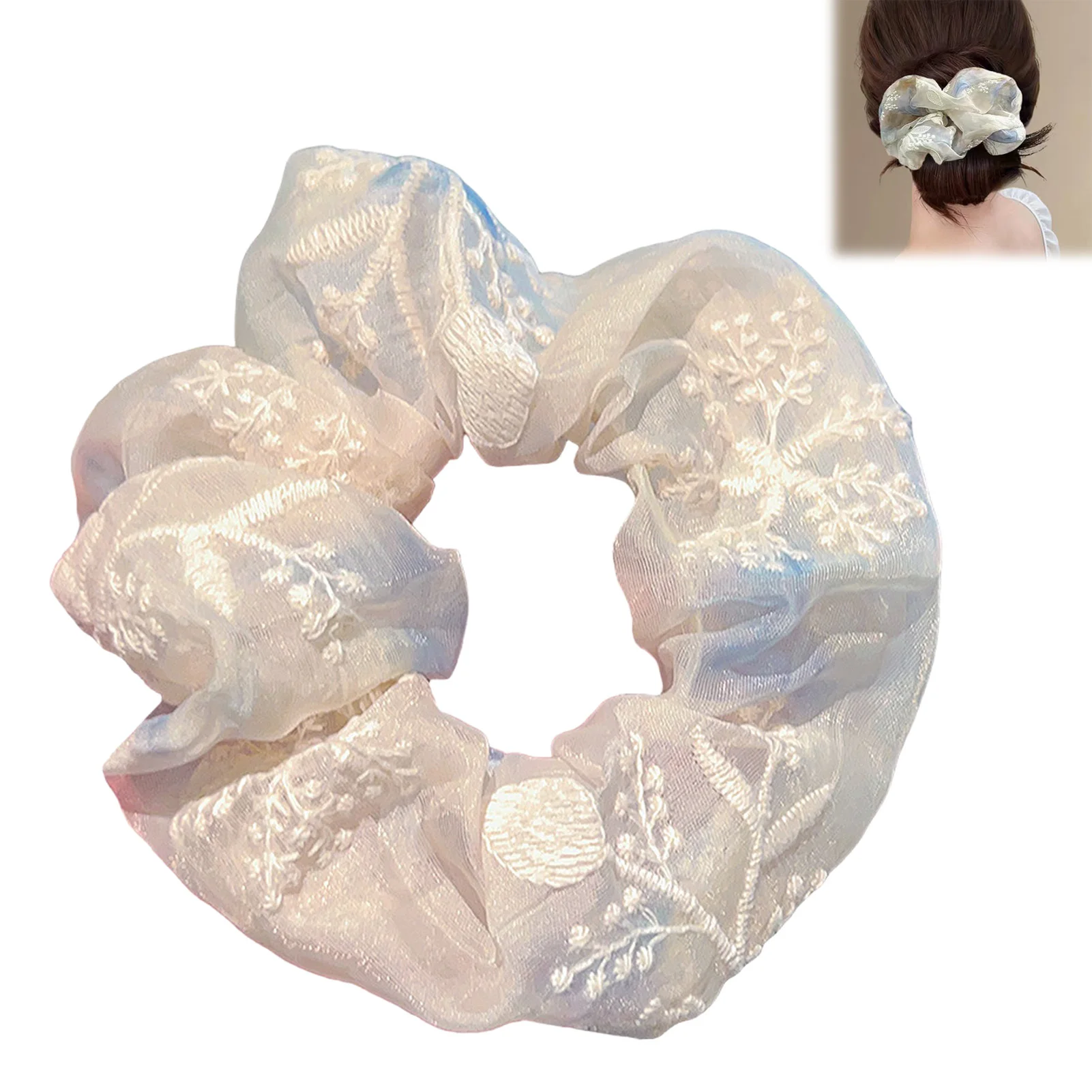 Eleganter Spitzenblumen-Scrunchie im koreanischen Stil, großer Haargummi für Damen und Mädchen, trendiges Haar-Accessoire für den Alltag. – Detail 22