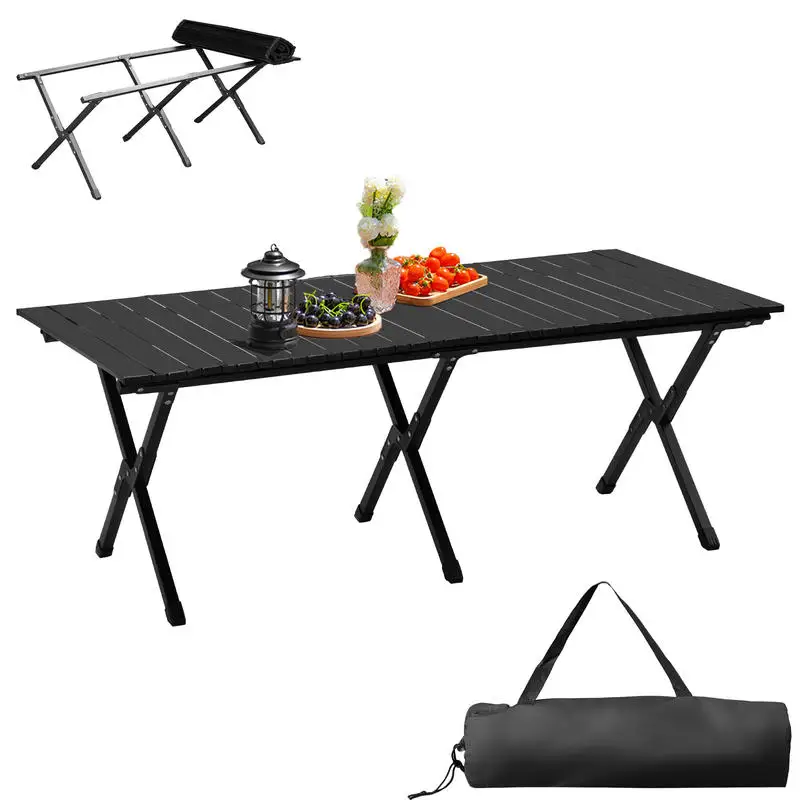 

116*60*42cm Black Camping Roll Table, Carbon Steel, Three Pairs of Cross Tubes, 100kg