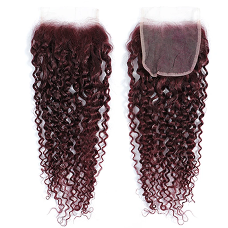 Kinky Curly Human Hair Bundels Met Sluiting 99j/Bordeauxrood Gekleurde Braziliaanse Remy Hair Weave Bundels Met Sluiting 100% Mensenhaar