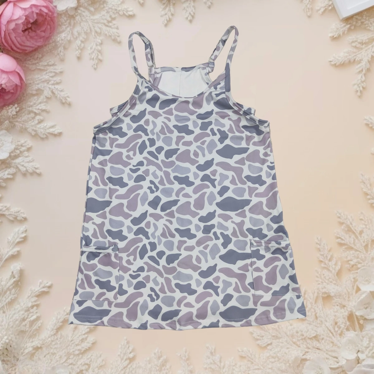 

Baby Girls Athletic Dresses Strap Toddler Kids Gray Camo Pockets Yoga Active Wear Dress Sport Knee Length Shorts Inside Clothes