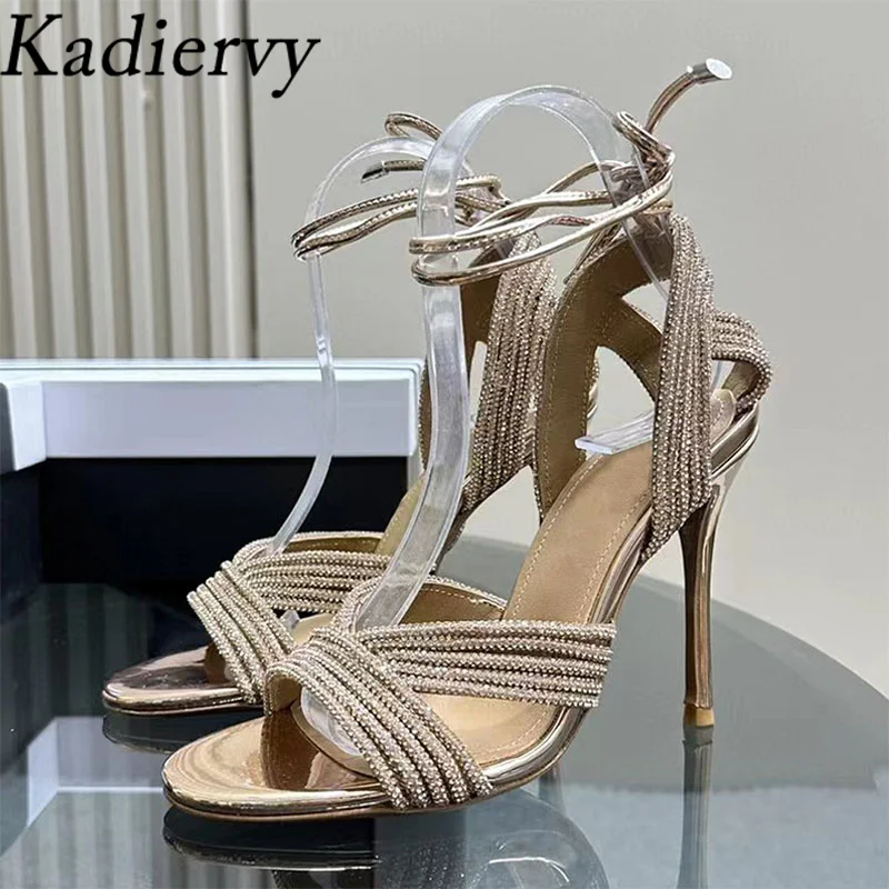 Sexy High Heels Sandals Women Luxury Crystal Chain Ankle Strap Wedding Party Shoes Women Summer Stiletto Gladiator Sandals Woman