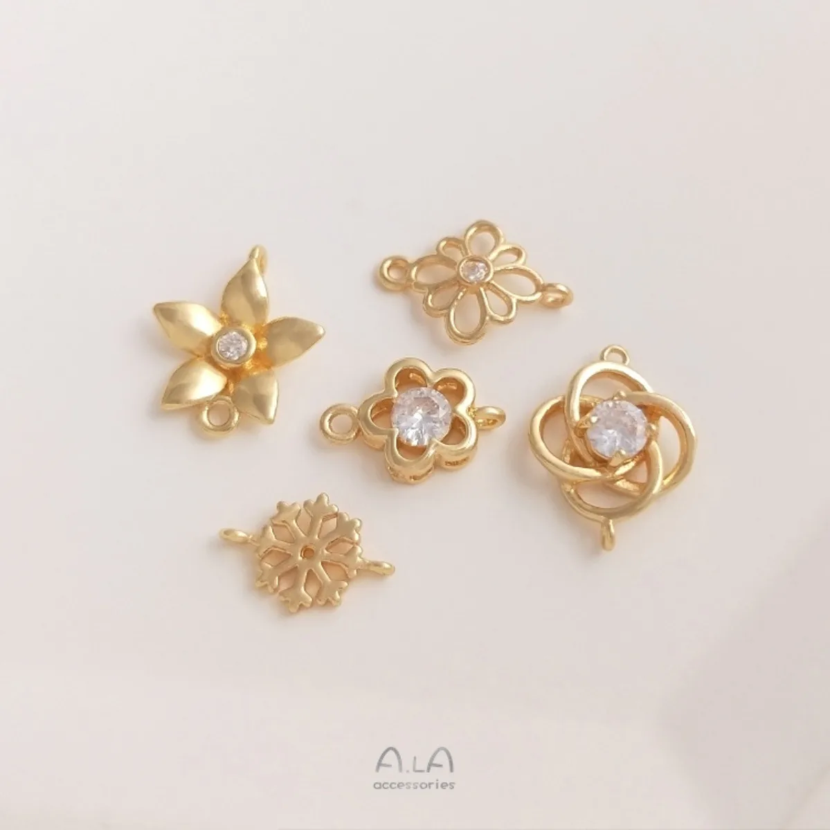 Brass 14K Gold Plated Zircon Snowflake Plum Blossom Double Connector Charms 1pcs DIY Floral Beading Supplies