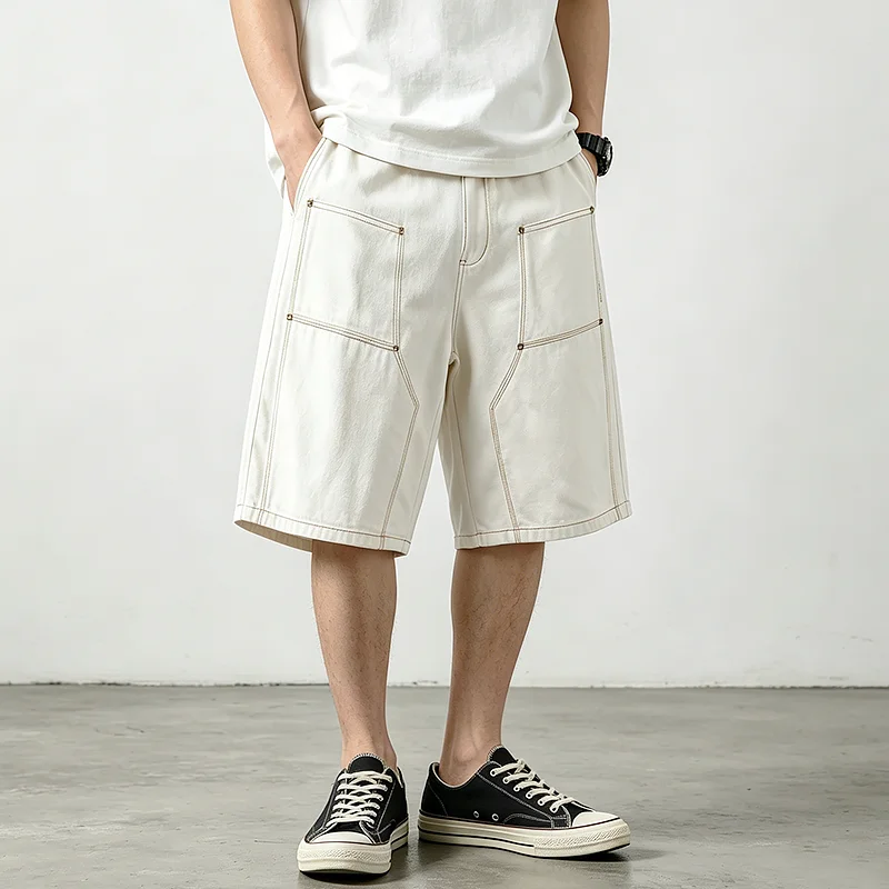 

Retro American Cotton Denim Mid-Length Loose Fit Men's Summer Trendy Cheered Five-Pointed Jeans Youthful Casual Wear