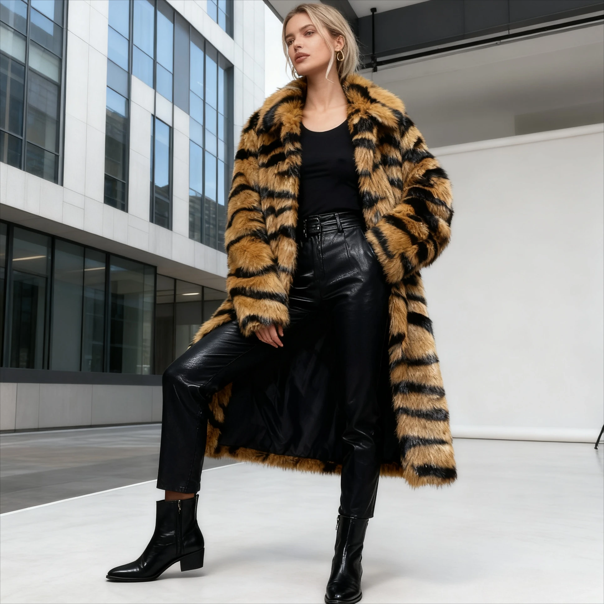 Faux Fur Ankle Length Coat Women Cardigan Long Sleeve Thick Warm Y2k Fur Outerwear High Street Tiger Striped Open Stitch Loose