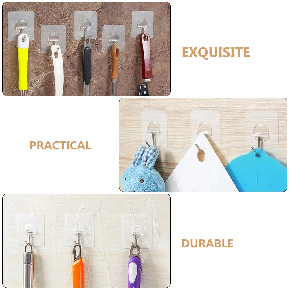 

20pcs Transparent Adhesive Hooks Heavy Duty Wall Mount Punch Free Design Travel Dorm Home Use Storage Clothes Hanger Plastic
