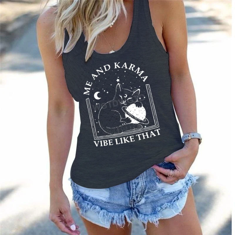 Cat Lover Gift Racerback Tank Top Women Me and Karma Vibe Like That Tanks Midnights Cats Tops Sexys Karma Is A Cat Casual Tops