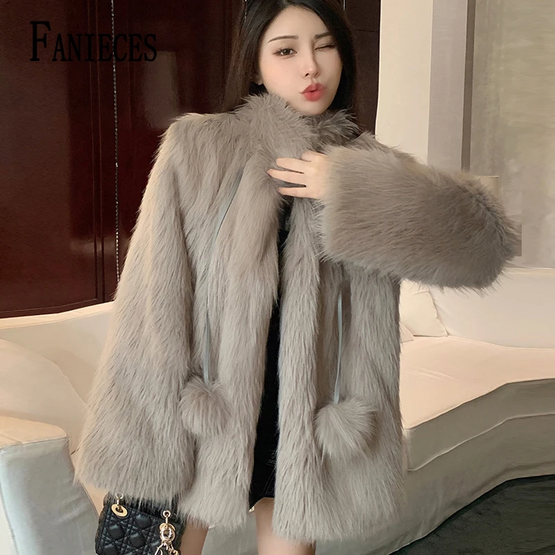 

FANIECES Luxury Faux Fox Fur Long Coat Women Winter Stand Collar Loose Collarless Fake Fur Jacket Warm Outerwear норковая шуба